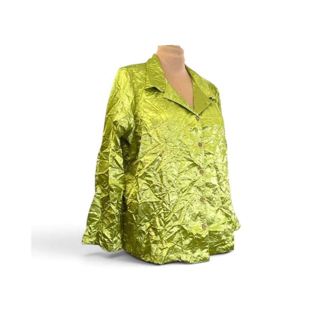 Ashley Stewart Crinkled Satin Lime Green Button-up Shirt, NWT!
